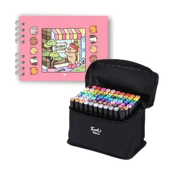 Kit Bobbie Goods com livro de colorir e estojo de canetas touch duplas com ponta fina e grossa