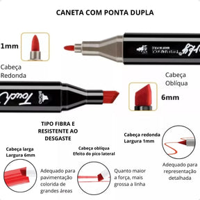 Caneta touch com dupla ponta: traço fino para detalhes e ponta chanfrada